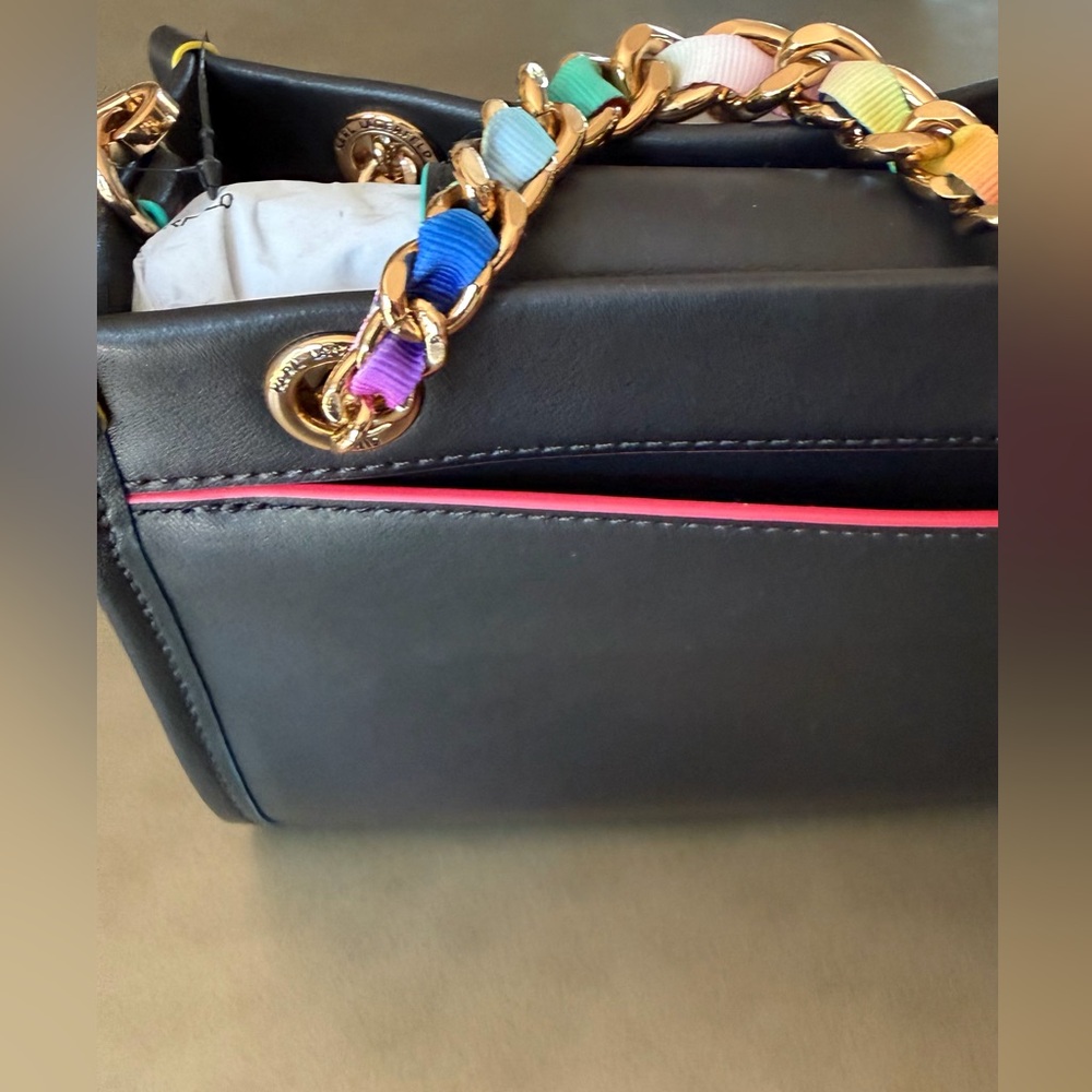 Karl Lagerfeld Paris Savoie Small Leather Black Crossbody with Multicolor Chain - Picture 7 of 13